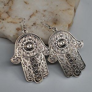 Hamsa Hand Jewelry large Silver Earrings Boho Moroccan Ethnic